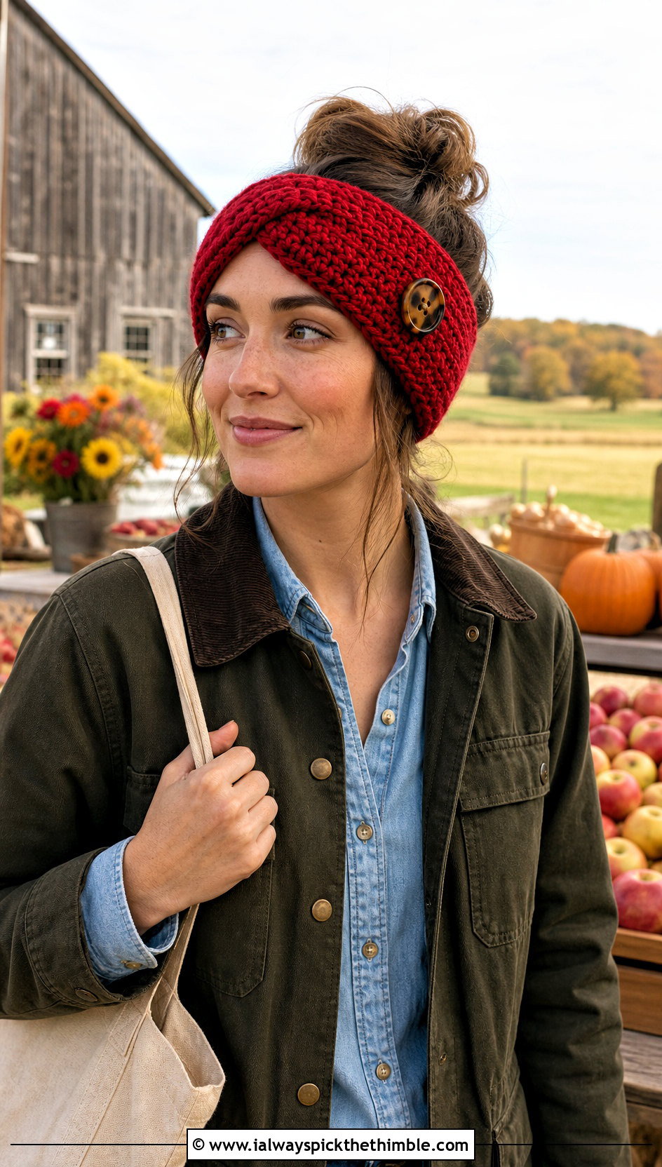 Buttoned Crochet Ear Warmer With Barn Jacket - 20 crochet fall headband outfit ideas