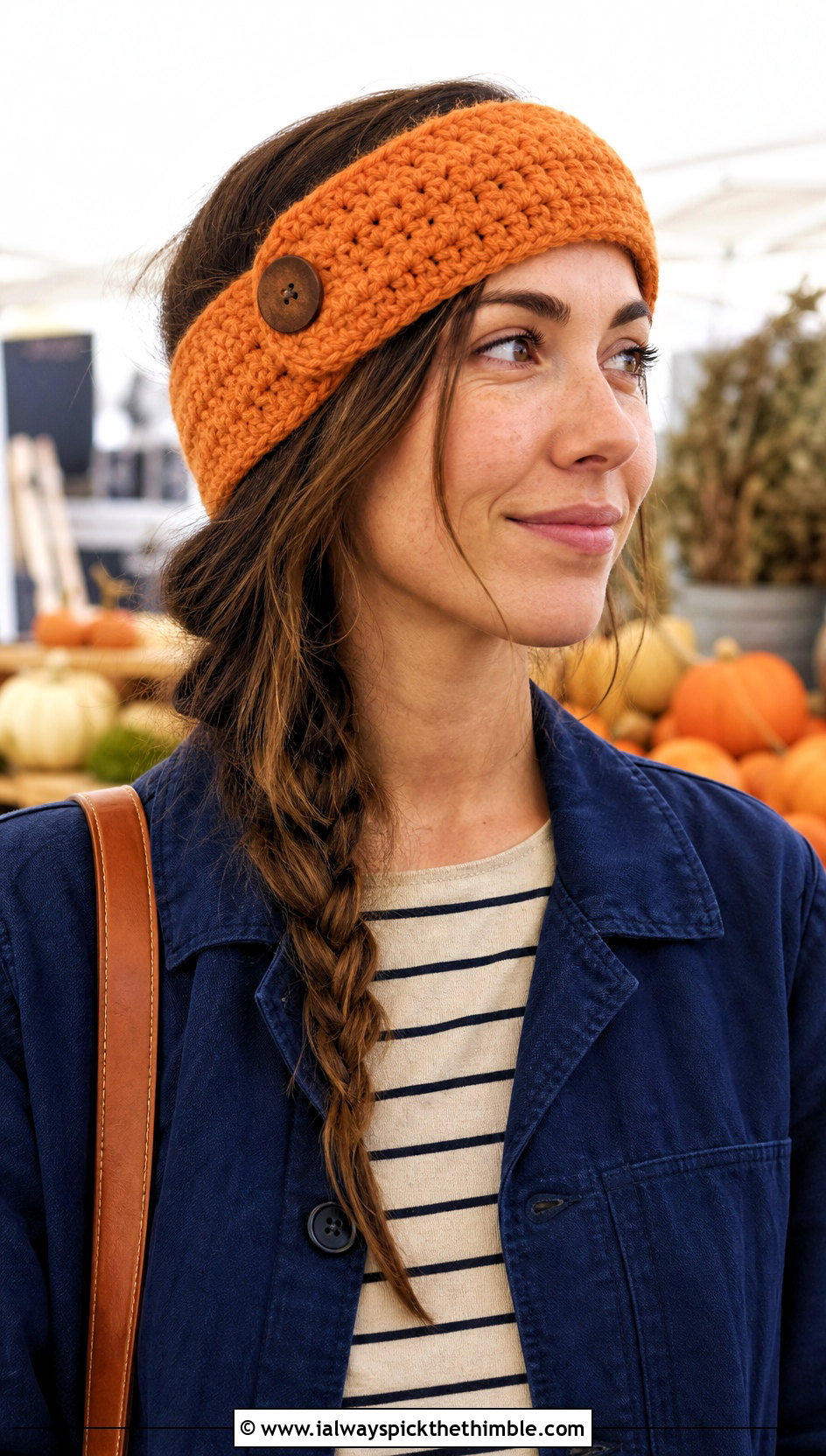Buttoned Crochet Ear Warmer With Chore Jacket - 25 crochet ear warmers outfit ideas