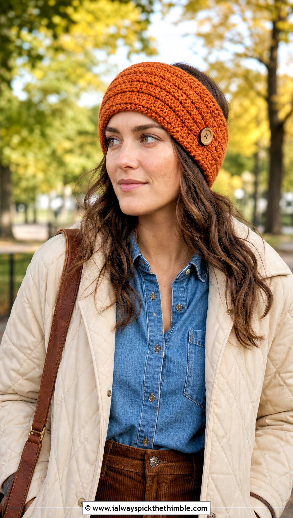 Buttoned Crochet Ear Warmer With Denim Shirt And Corduroy Pants - 15 Easy Crochet Headband Ear Warmers outfit ideas