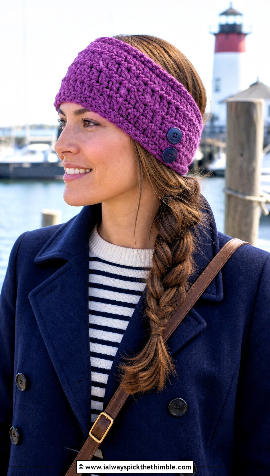 Buttoned Crochet Ear Warmer With Peacoat - 25 Easy Crochet Ear Warmer outfit ideas