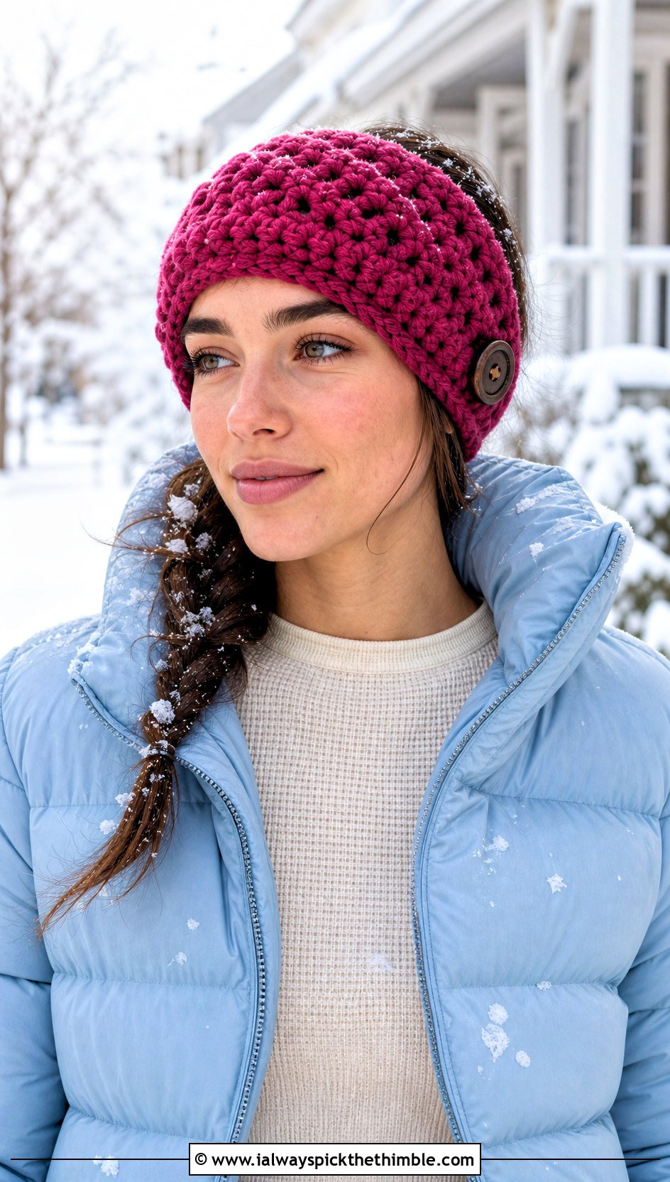 Buttoned Crochet Ear Warmer With Puffer Jacket And Jeans - 20 quick crochet headband outfit ideas