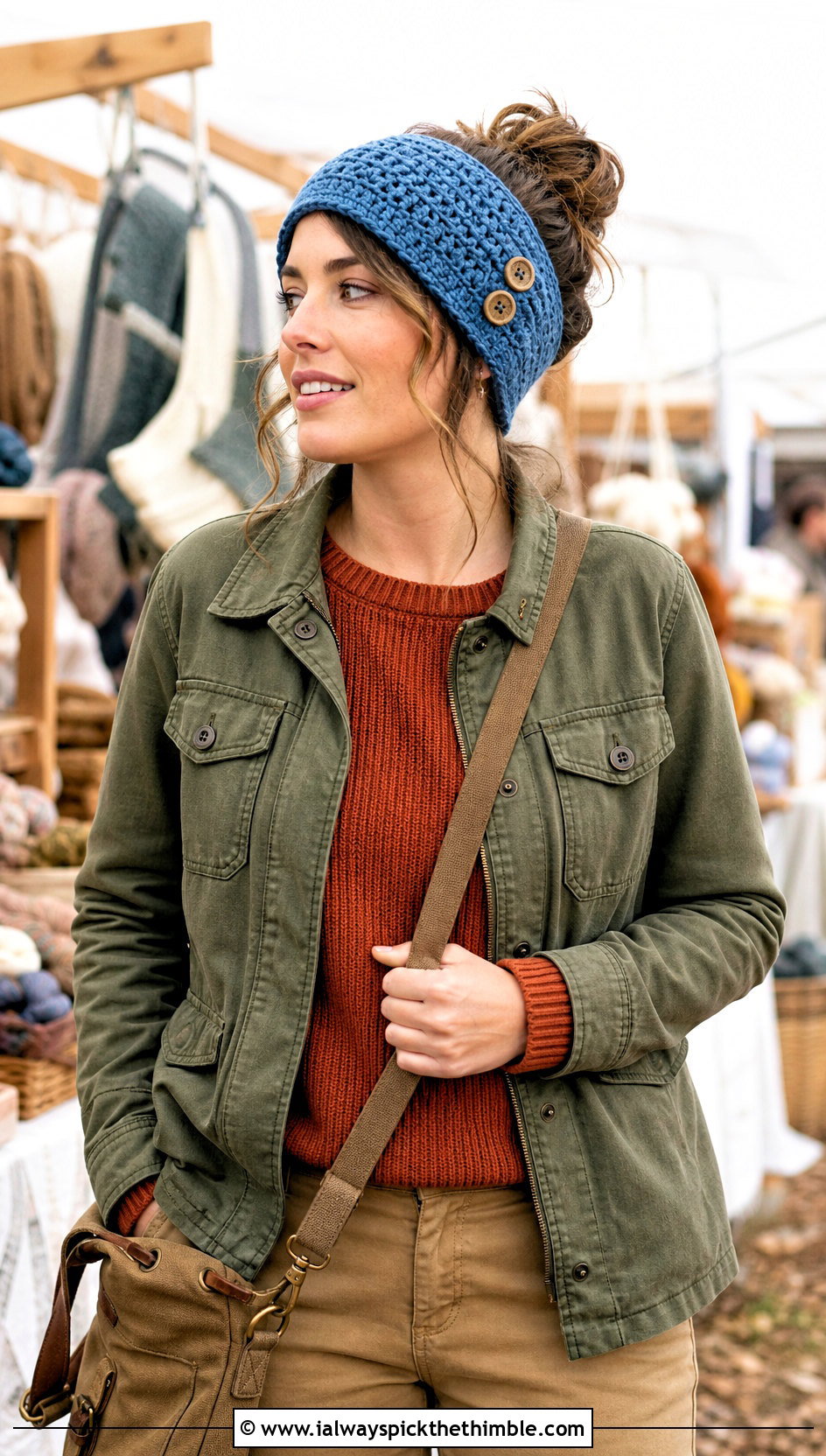 Buttoned Crochet Ear Warmer With Utility Jacket and Chinos - 20 Simple Crochet Ear Warmer outfit ideas