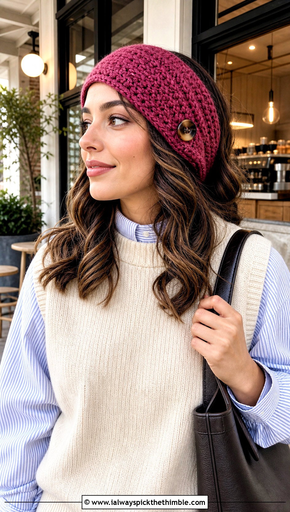 Buttoned Crochet Ear Wrap With Sweater Vest - 20 crochet ear wrap outfit ideas