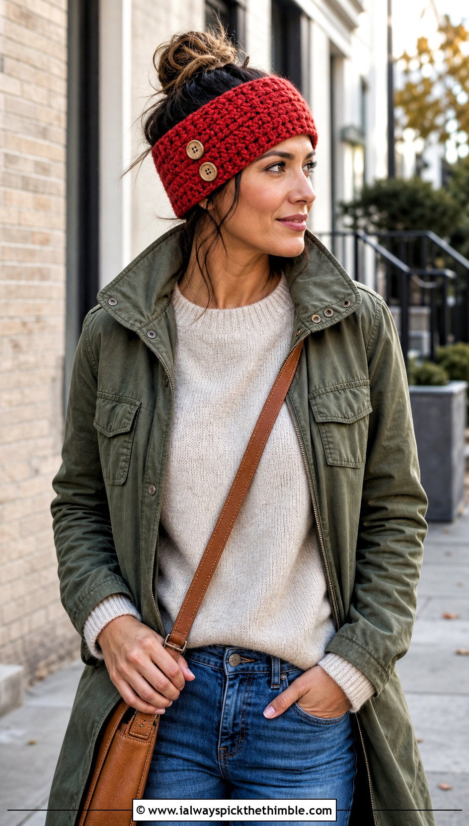 Buttoned Crochet Earwarmer With Utility Jacket - 25 crochet earwarmer outfit ideas