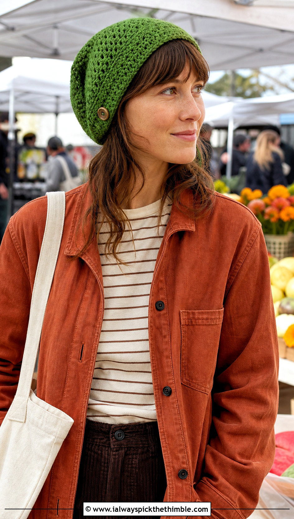 Buttoned Crochet Head Wrap With Chore Jacket And Corduroy Pants - 20 crochet head wrap outfit ideas
