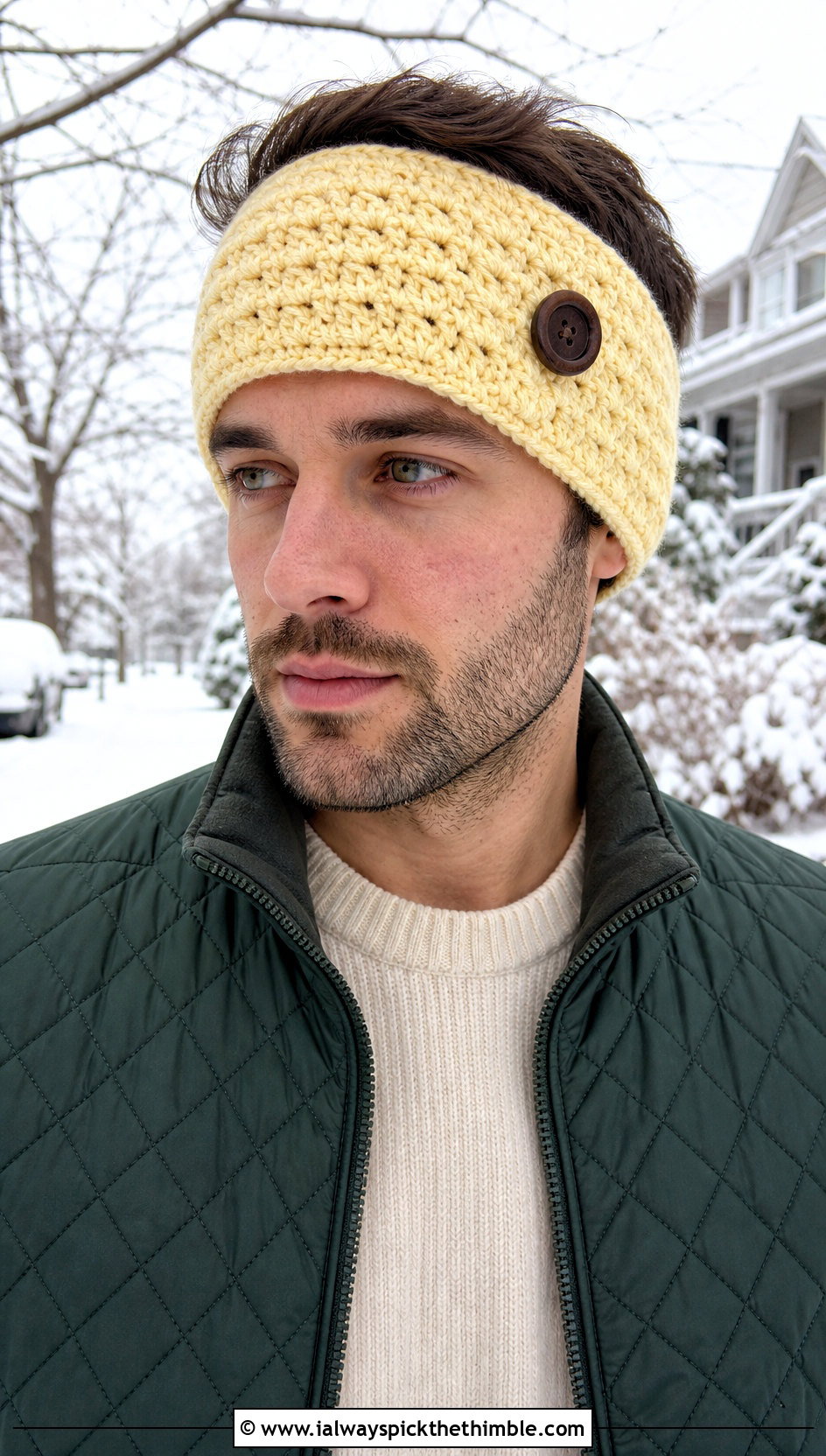 Buttoned Crochet Headband With Quilted Jacket - 20 men's crochet headband outfit ideas