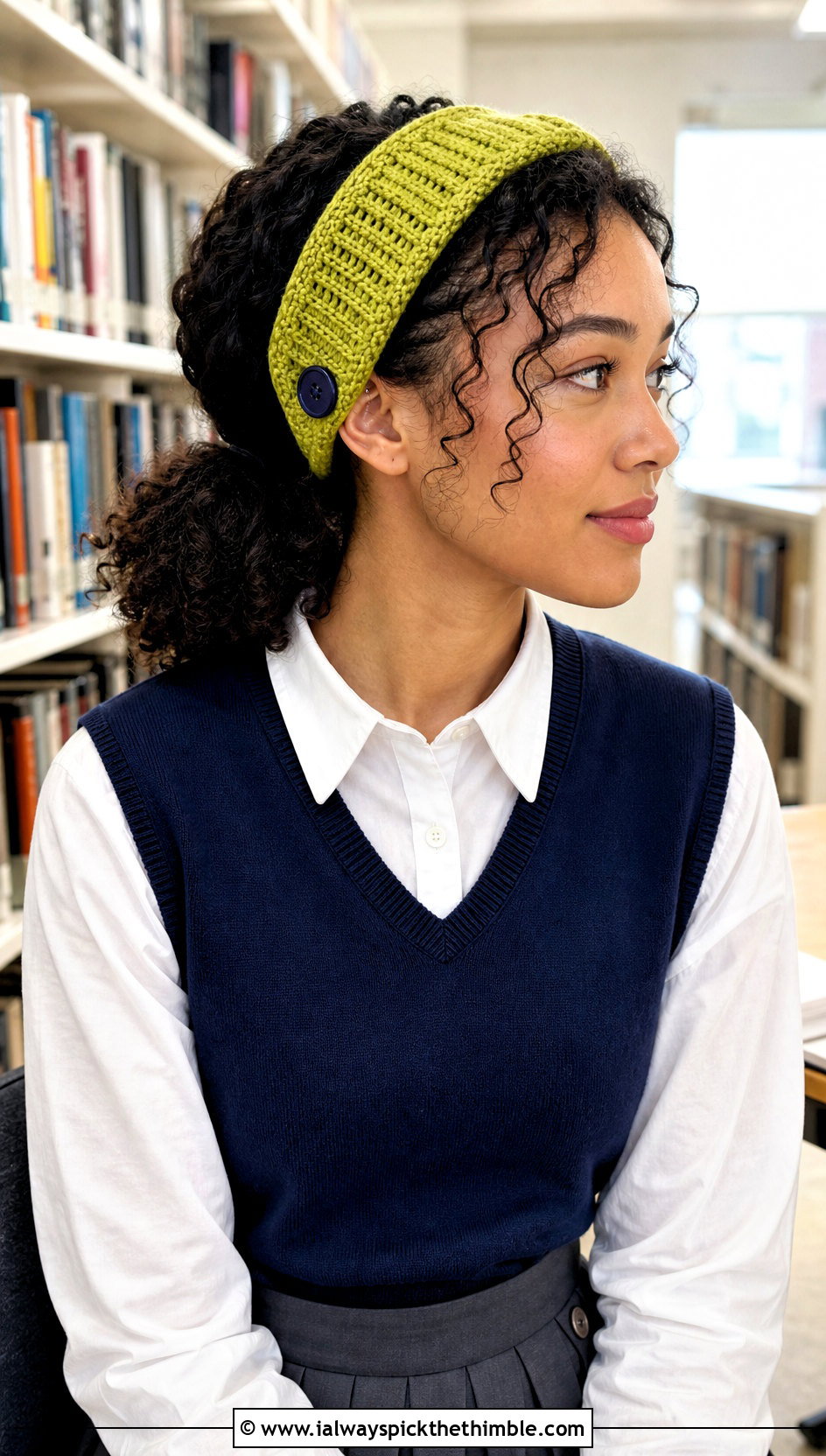 Buttoned Crochet Headband With Sweater Vest - 20 crochet headband curly hair outfit ideas