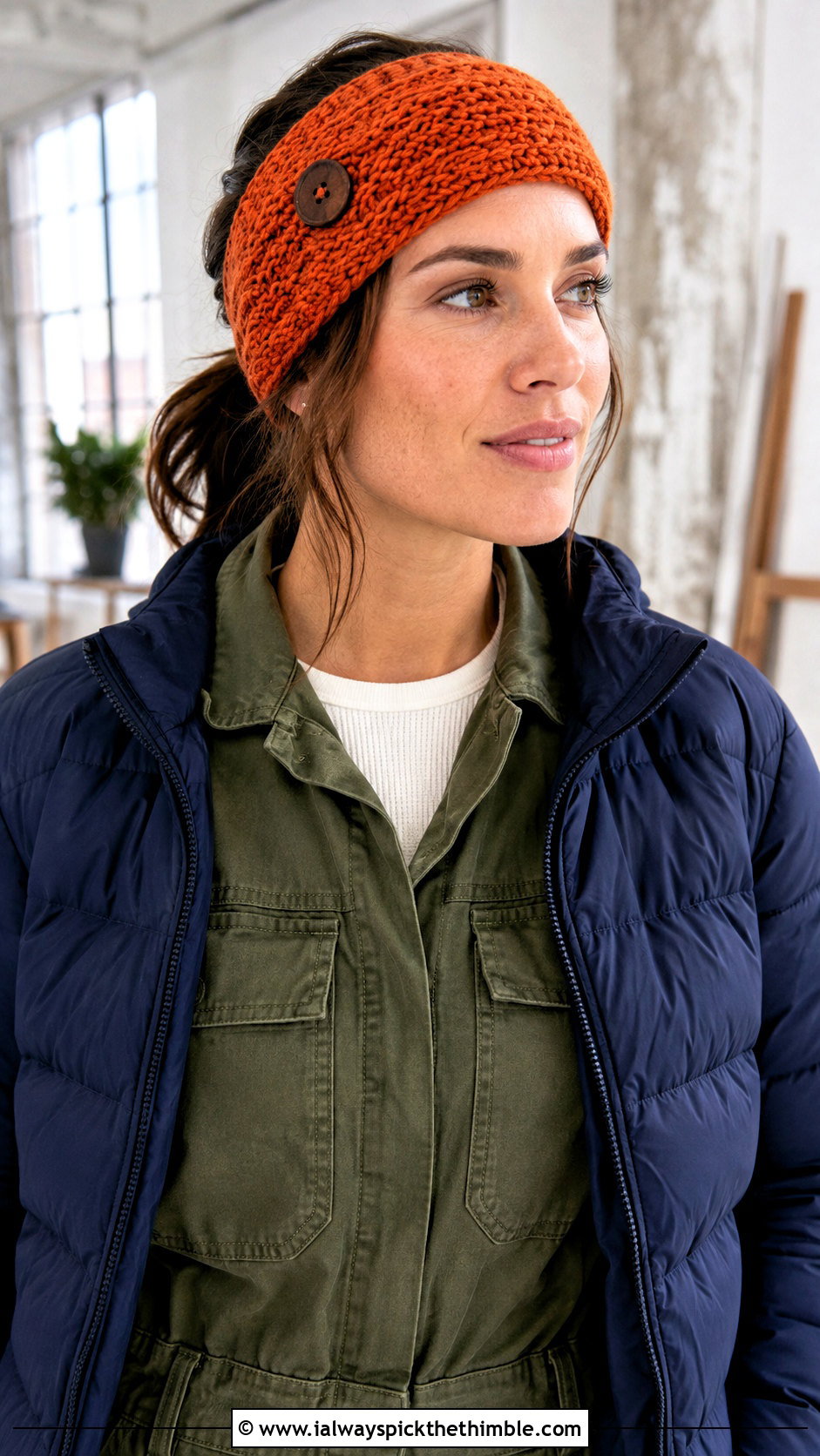Buttoned Crochet Headband With Utility Jumpsuit - 25 crochet winter headband outfit ideas