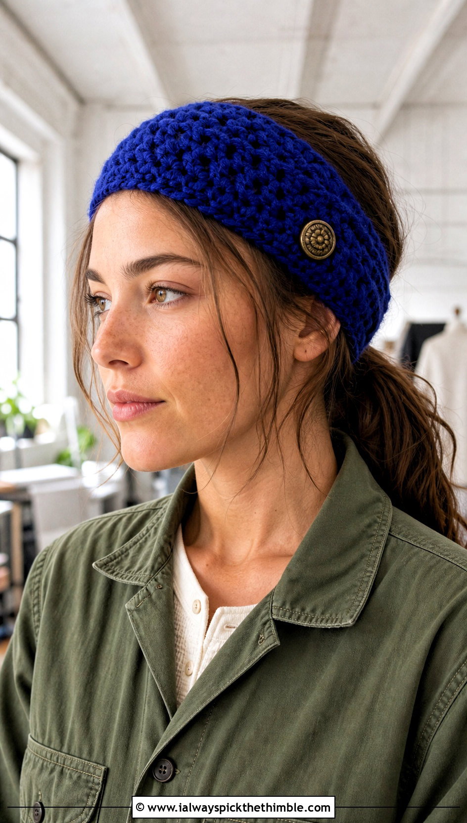 Buttoned Crochet Headband With Utility Jumpsuit - 25 winter crochet headband outfit ideas