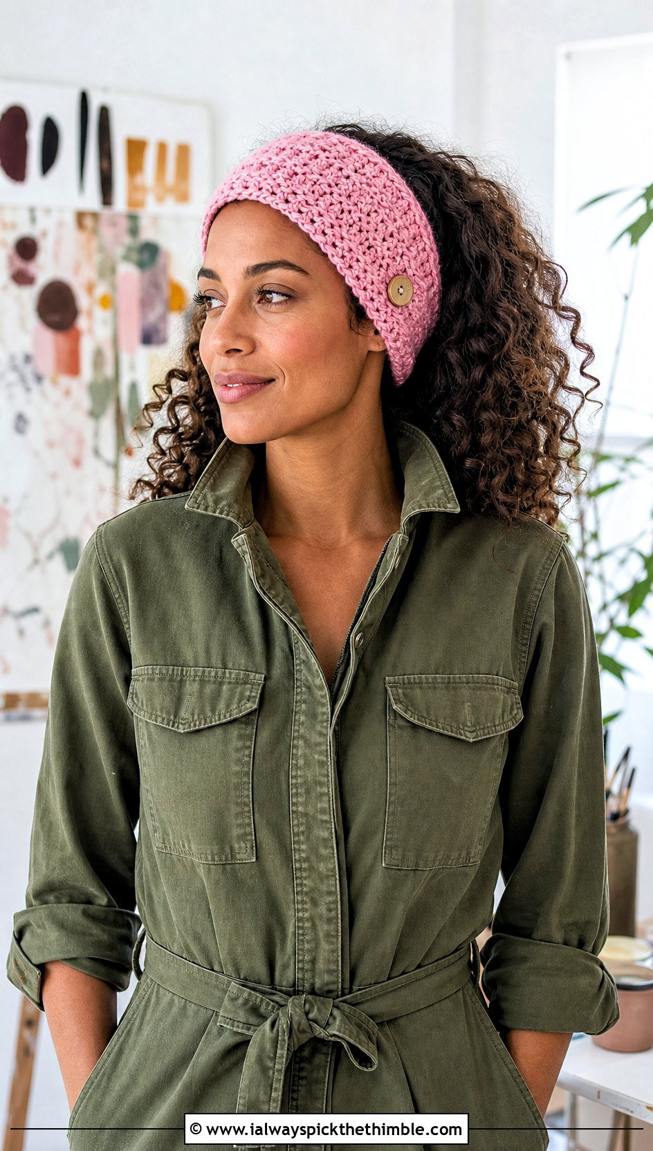 Buttoned Crochet Headband With Utility Jumpsuit - 20 simple crochet head bands outfit ideas