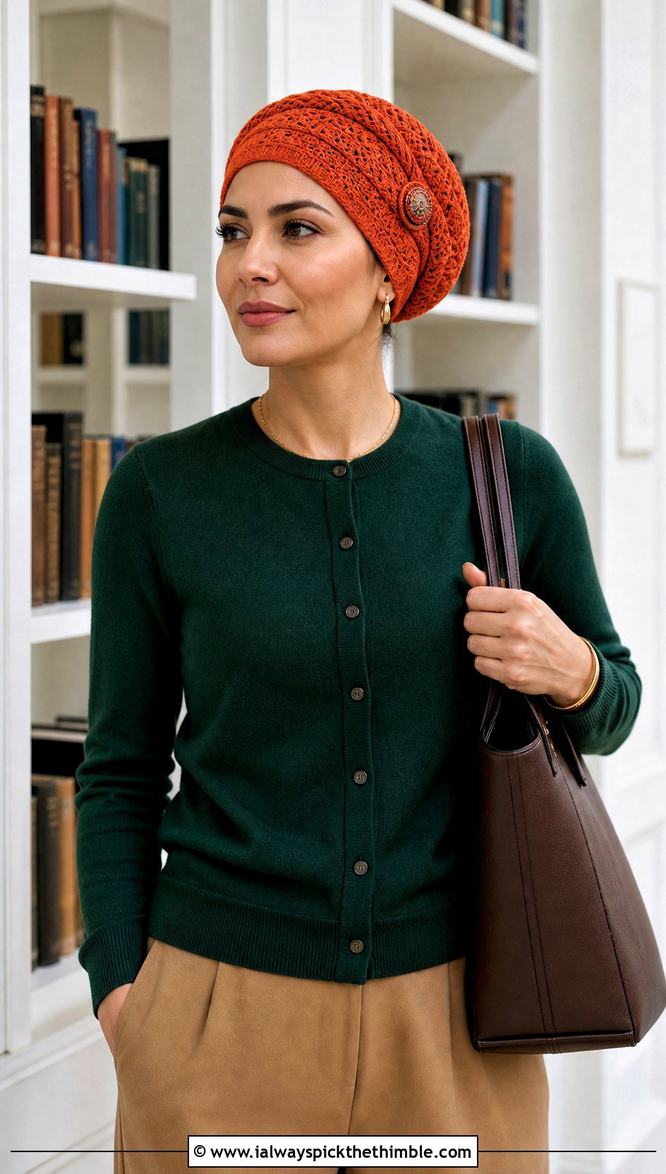Buttoned Crochet Headwrap With Cardigan And Wool Trousers - 25 crochet headwrap outfit ideas