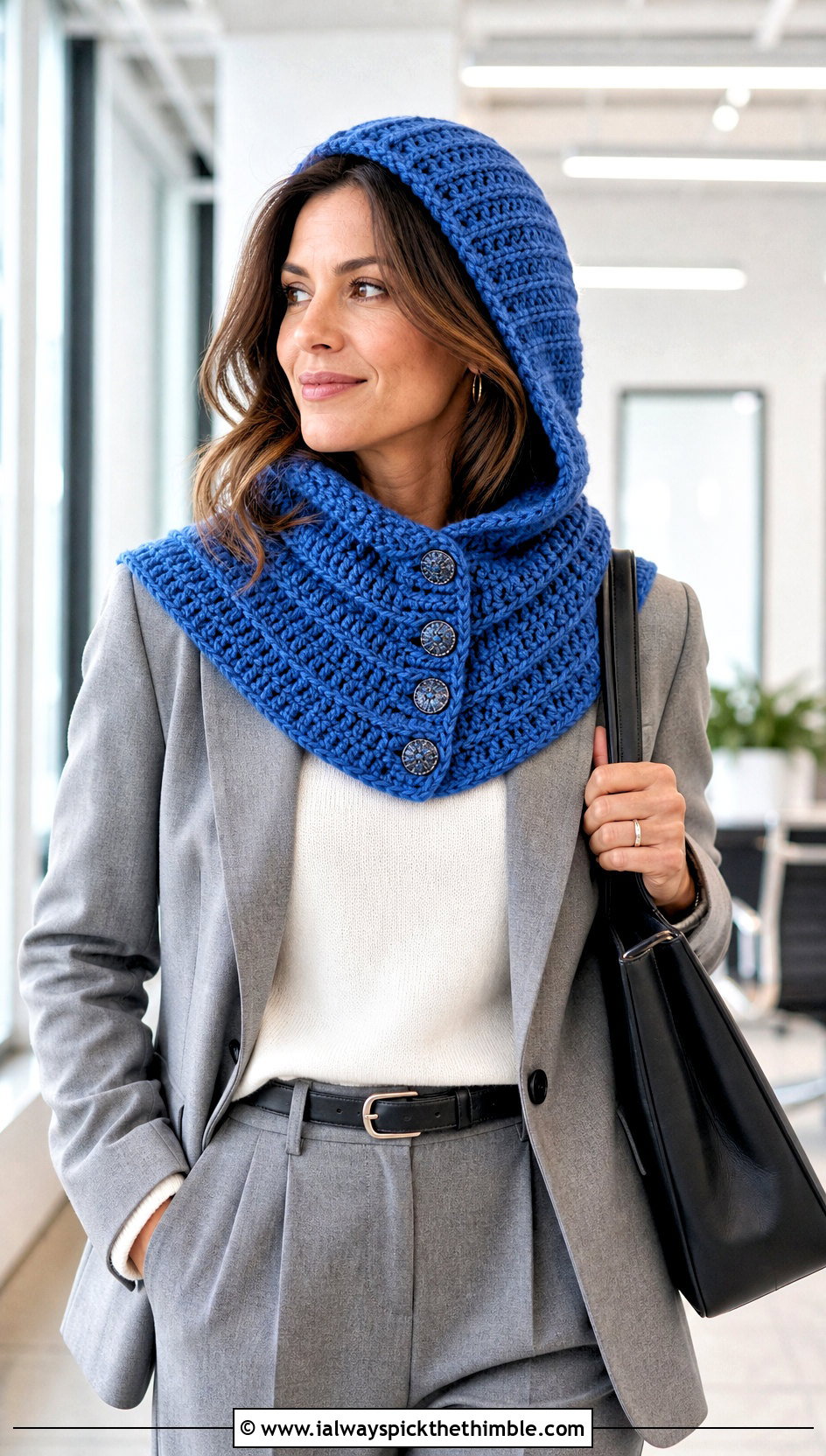 Buttoned Crochet Hooded Cowl With Blazer - 25 crochet hooded cowl outfit ideas