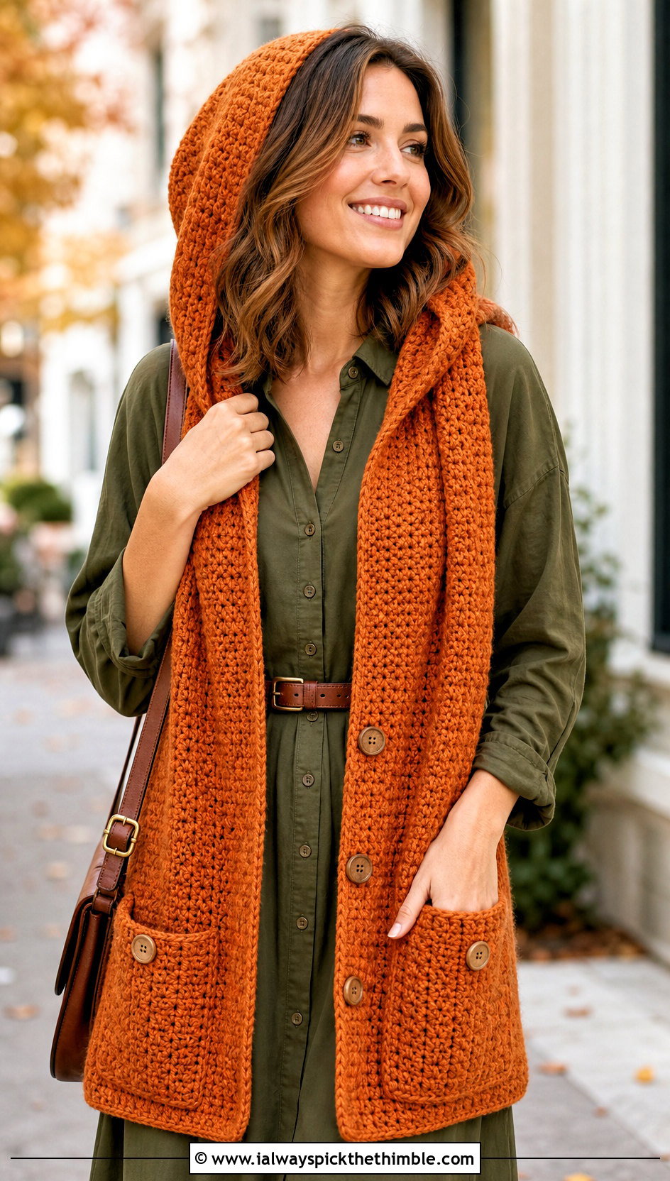 Buttoned Crochet Hooded Pocket Scarf With Shirt Dress - 20 crochet hooded pocket scarf outfit ideas