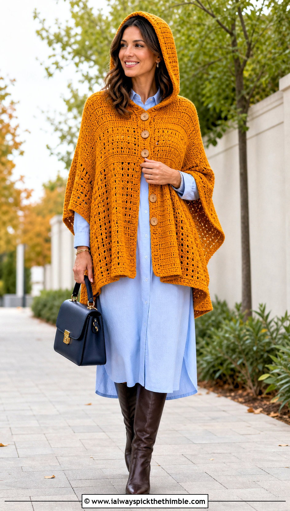 Buttoned Crochet Hooded Poncho With Shirt Dress - 25 Crochet Hooded Poncho outfit ideas