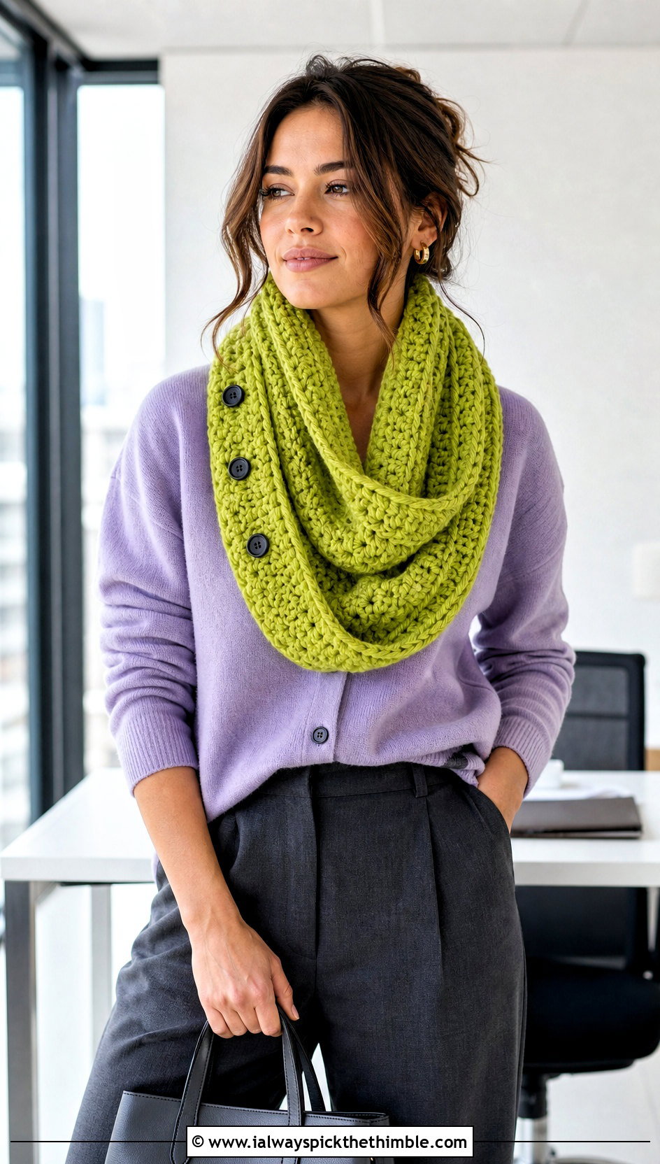 Buttoned Crochet Infinity Scarf With Cardigan And Trousers - 20 easy crochet infinity scarf outfit ideas