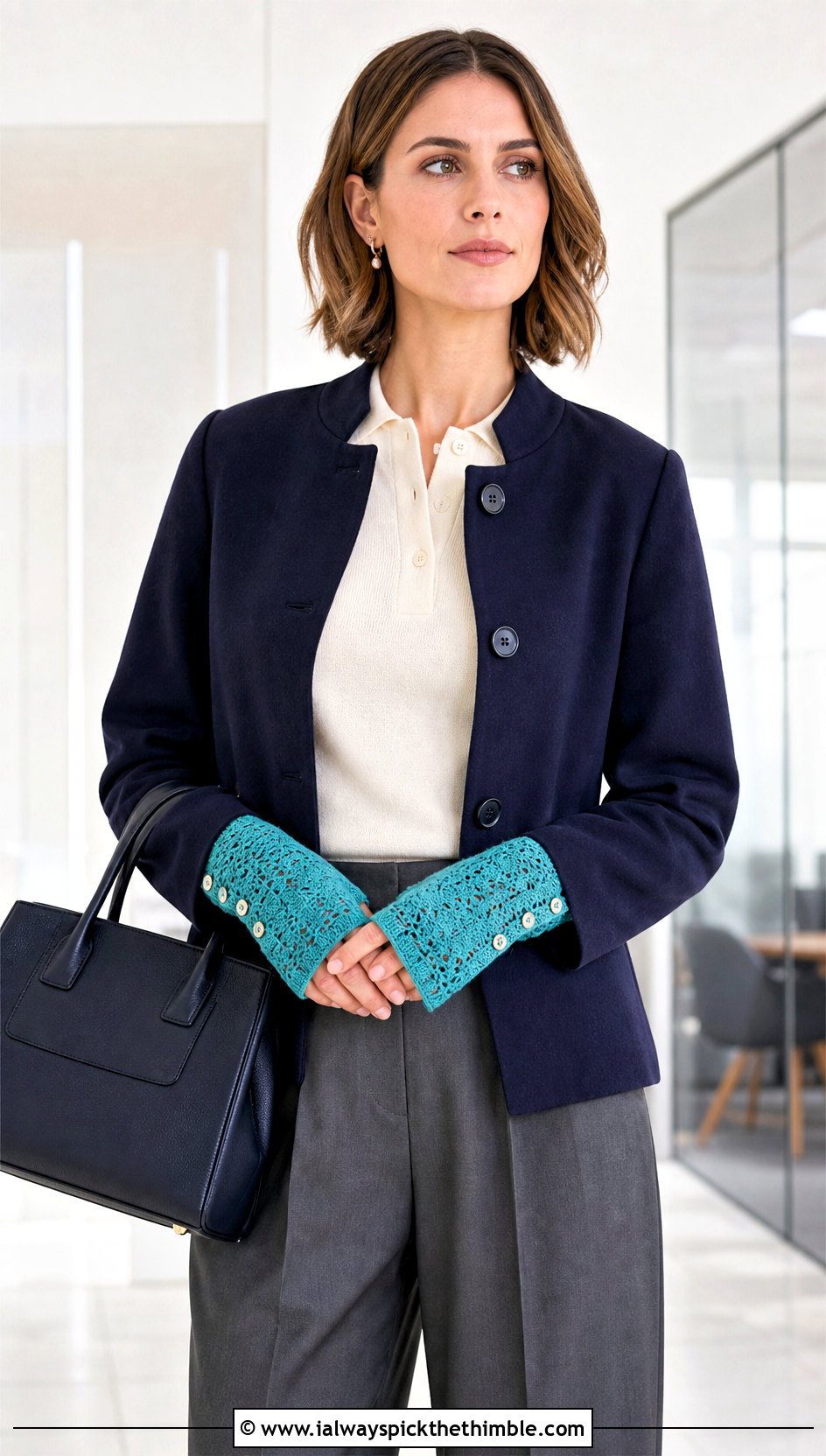 Buttoned Crochet Lace Hand Warmers With Knit Polo And Trousers - 20 Crochet Lace Hand Warmers outfit ideas