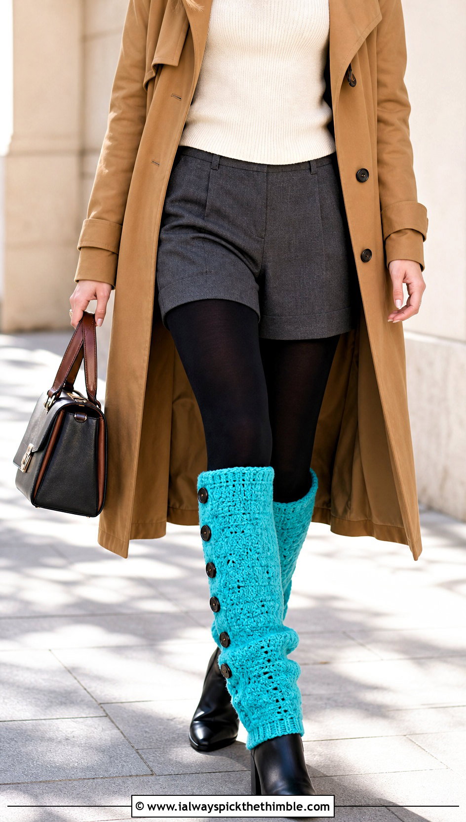 Buttoned Crochet Leg Warmers With Tailored Shorts And Trench Coat - 20 cute crochet leg warmers outfit ideas