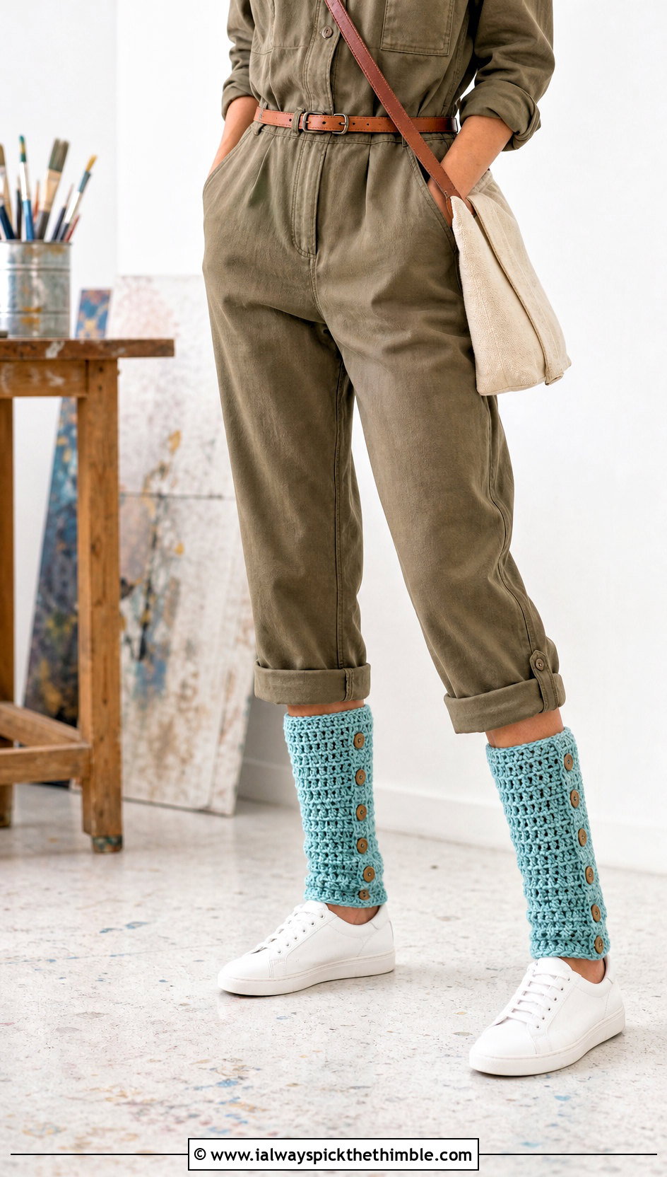 Buttoned Crochet Leg Warmers With Utility Jumpsuit - 15 Crochet Clothes Leg Warmers outfit ideas