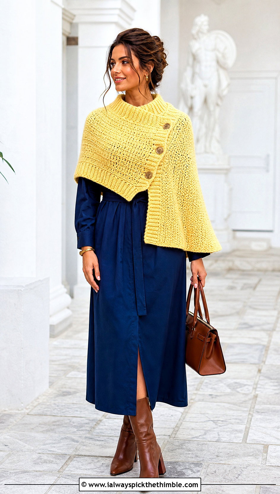 Buttoned Crochet Mantle Scarf With Shirt Dress - 20 Crochet Mantle Scarf outfit ideas