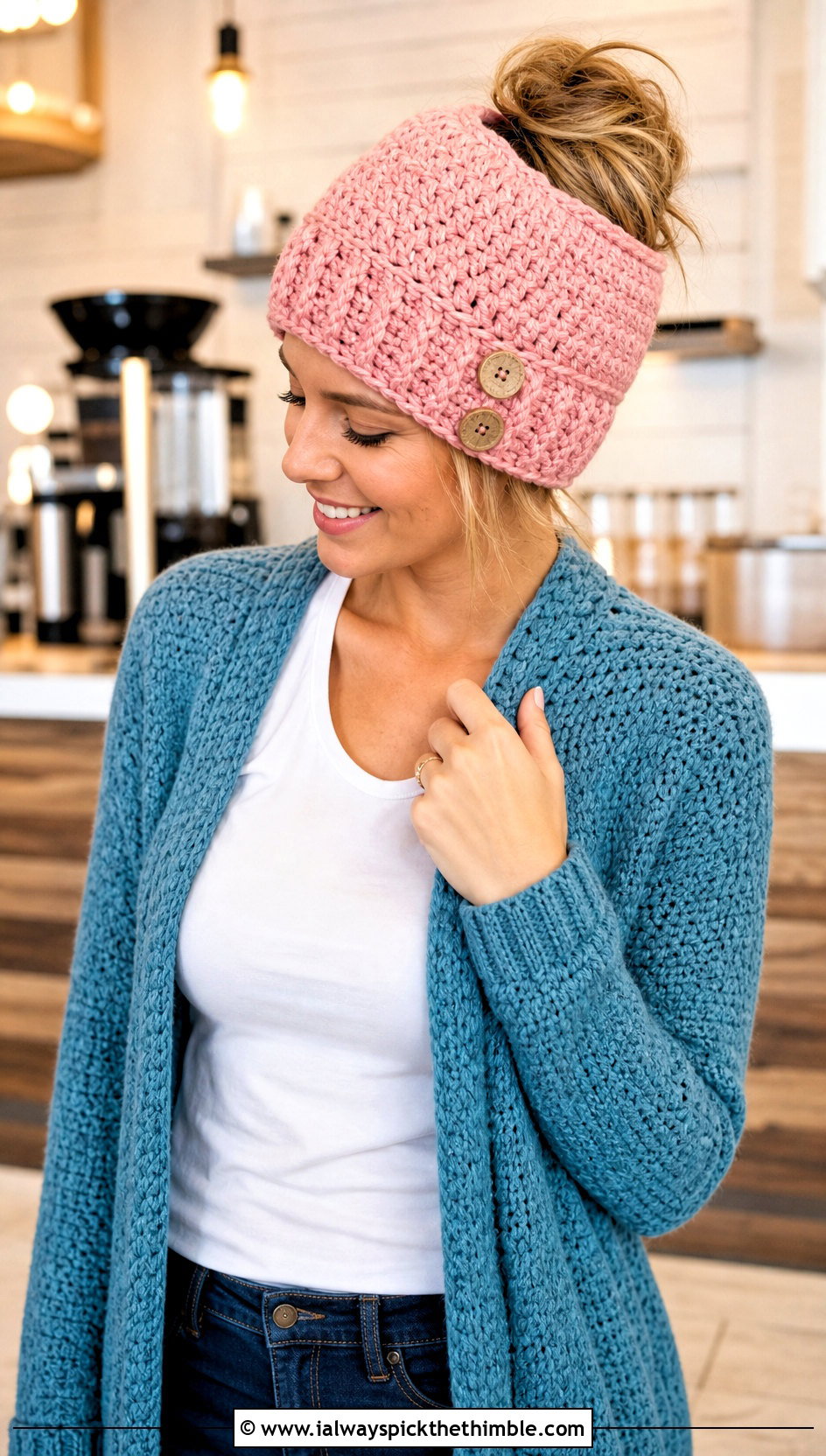 Buttoned Crochet Messy Bun Hat With Cardigan - 15 Easy Crochet Messy Bun Hat outfit ideas