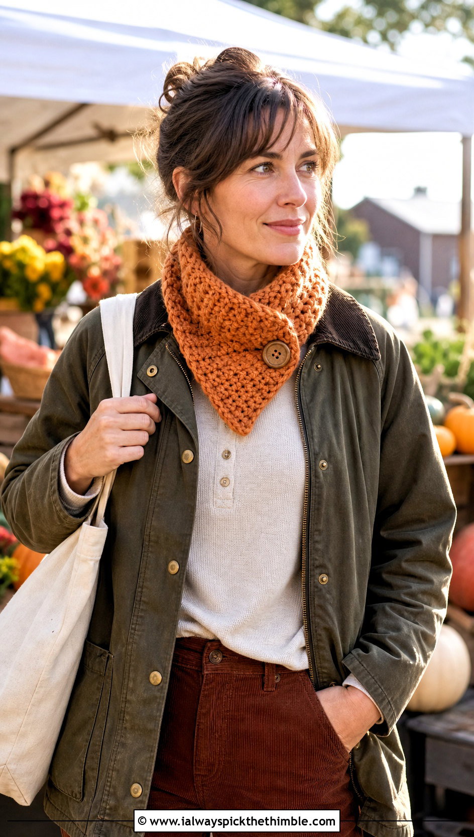 Buttoned Crochet Mini Scarf With Barn Jacket And Corduroy Pants - 25 crochet mini scarf outfit ideas