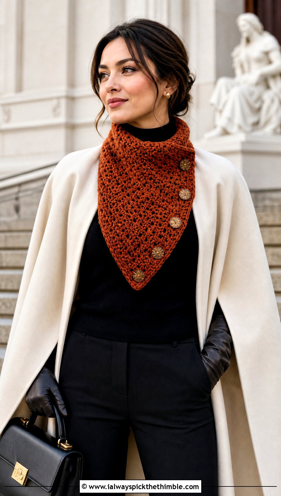 Buttoned Crochet Neck Warmer With Cape Coat - 25 crochet winter scarf outfit ideas