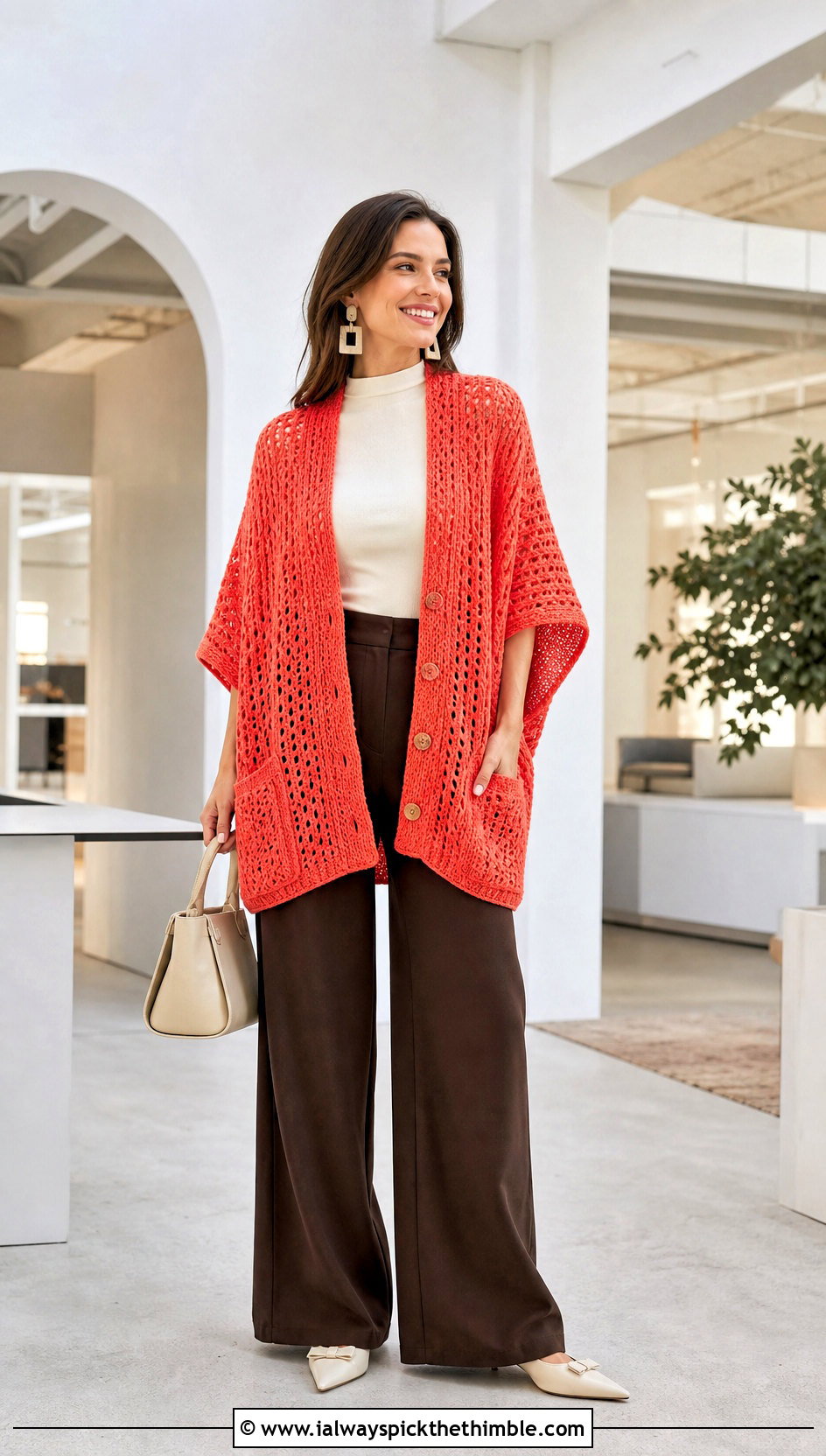 Buttoned Crochet Pocket Shawl With Wide Leg Pants - 25 crochet pocket shawl outfit ideas