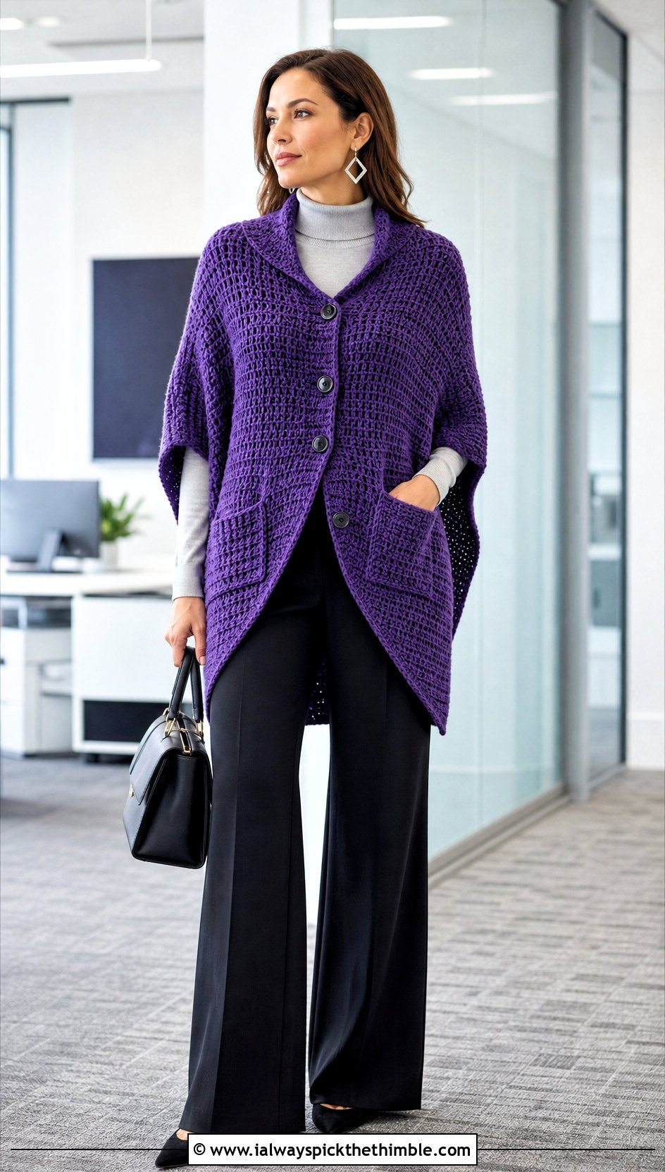 Buttoned Crochet Pocket Shawl With Wide Leg Trousers - 20 Easy Crochet Shawl With Pockets outfit ideas