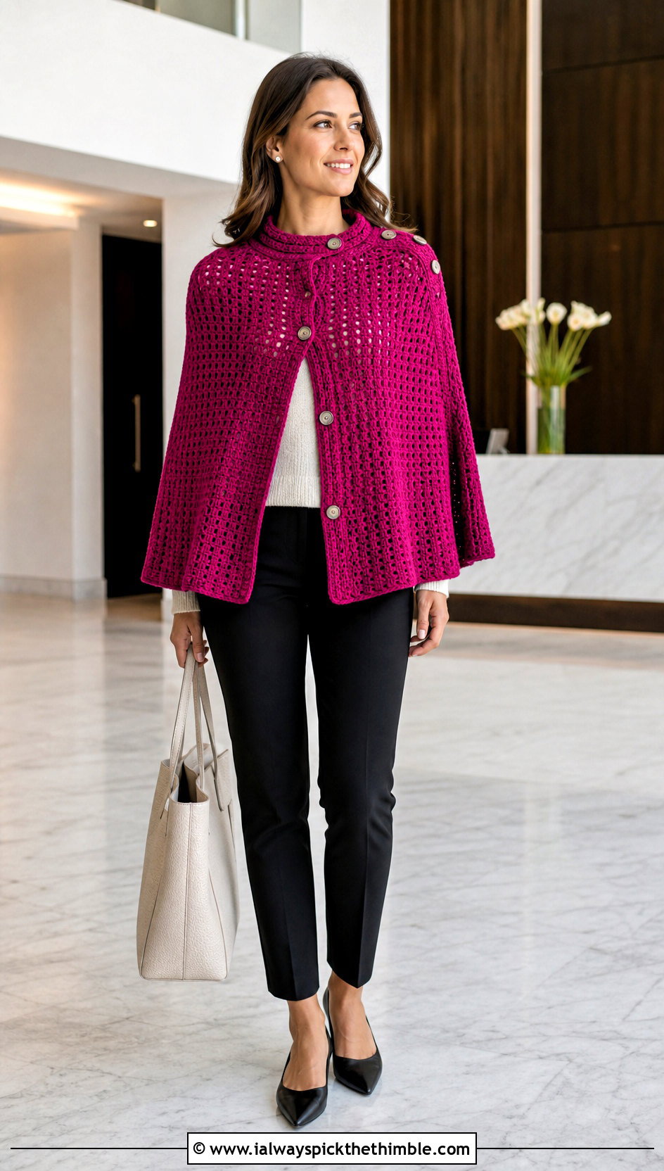 Buttoned Crochet Poncho With Cigarette Pants - 25 easy crochet poncho woman outfit ideas