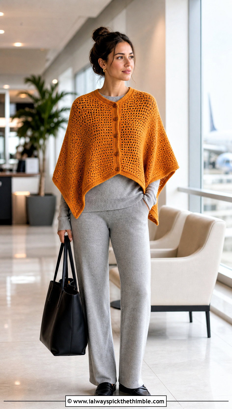 Buttoned Crochet Poncho With Knit Separates - 25 easy crochet poncho outfit ideas