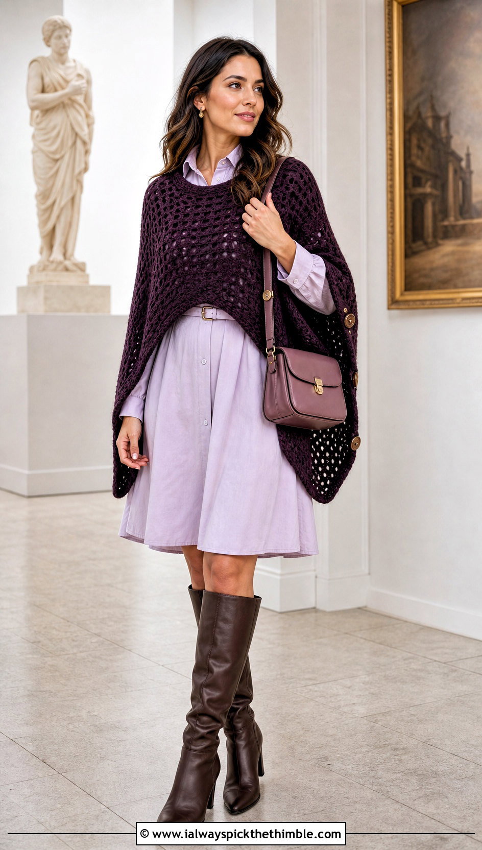 Buttoned Crochet Poncho With Shirt Dress - 20 Easy Simple Crochet Poncho outfit ideas
