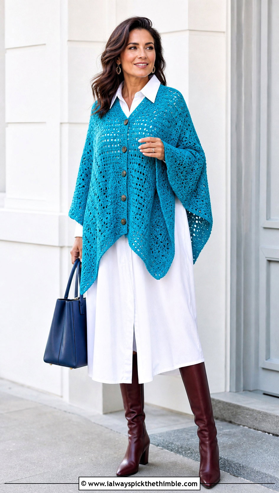 Buttoned Crochet Poncho With Shirt Dress - 15 Easy Crochet Ponchos outfit ideas