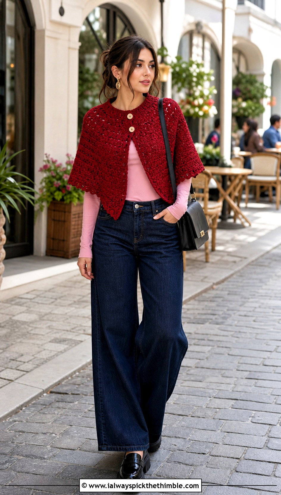 Buttoned Crochet Poncho With Wide Leg Jeans - 20 Simple Crochet Poncho outfit ideas