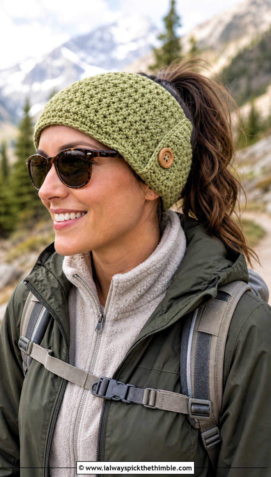 Buttoned Crochet Ponytail Headband With Hiking Outfit - 20 Crochet Ponytail Headband outfit ideas