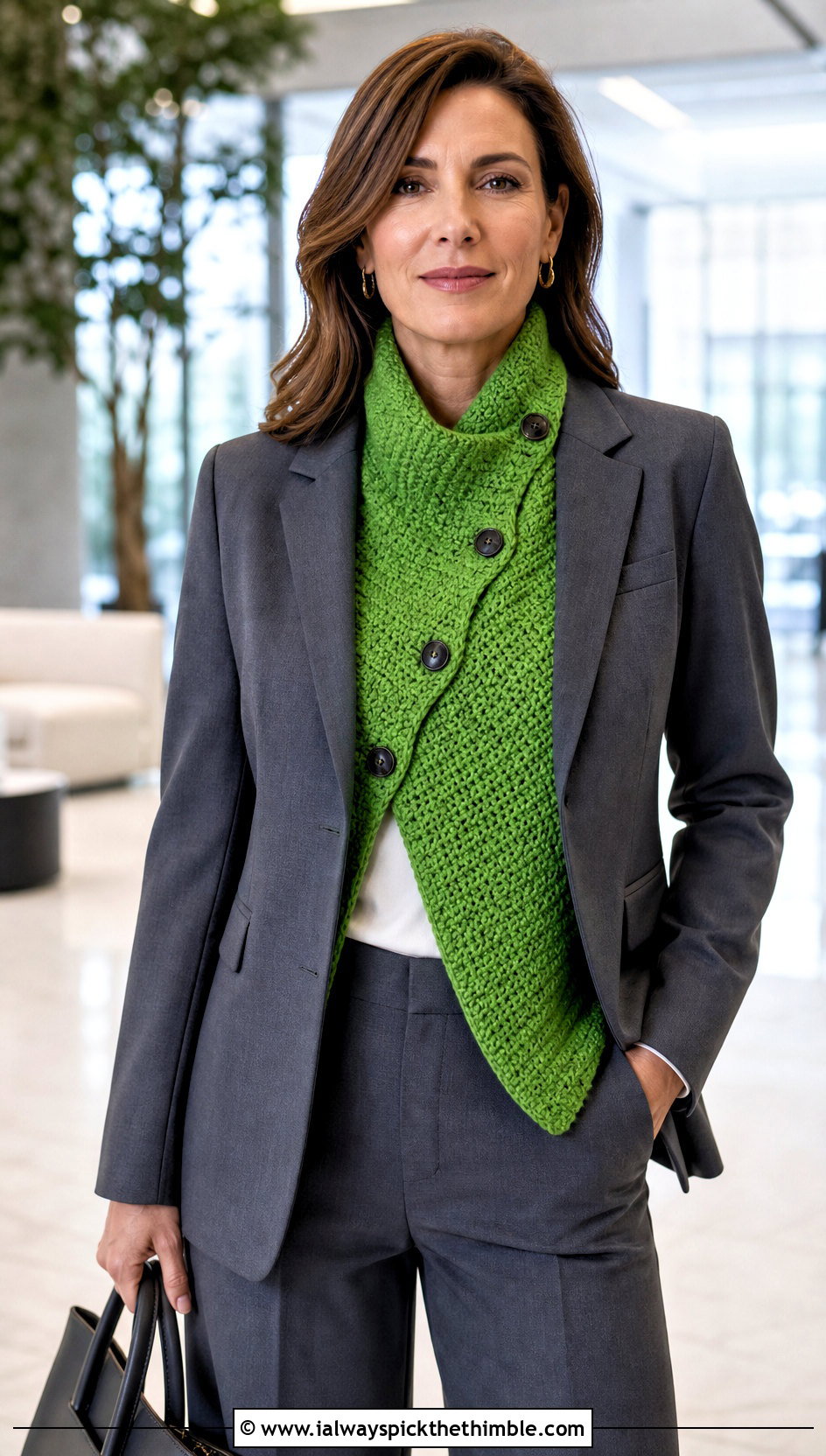 Buttoned Crochet Scarf With Pantsuit - 20 Multifunctional Crochet Scarf outfit ideas