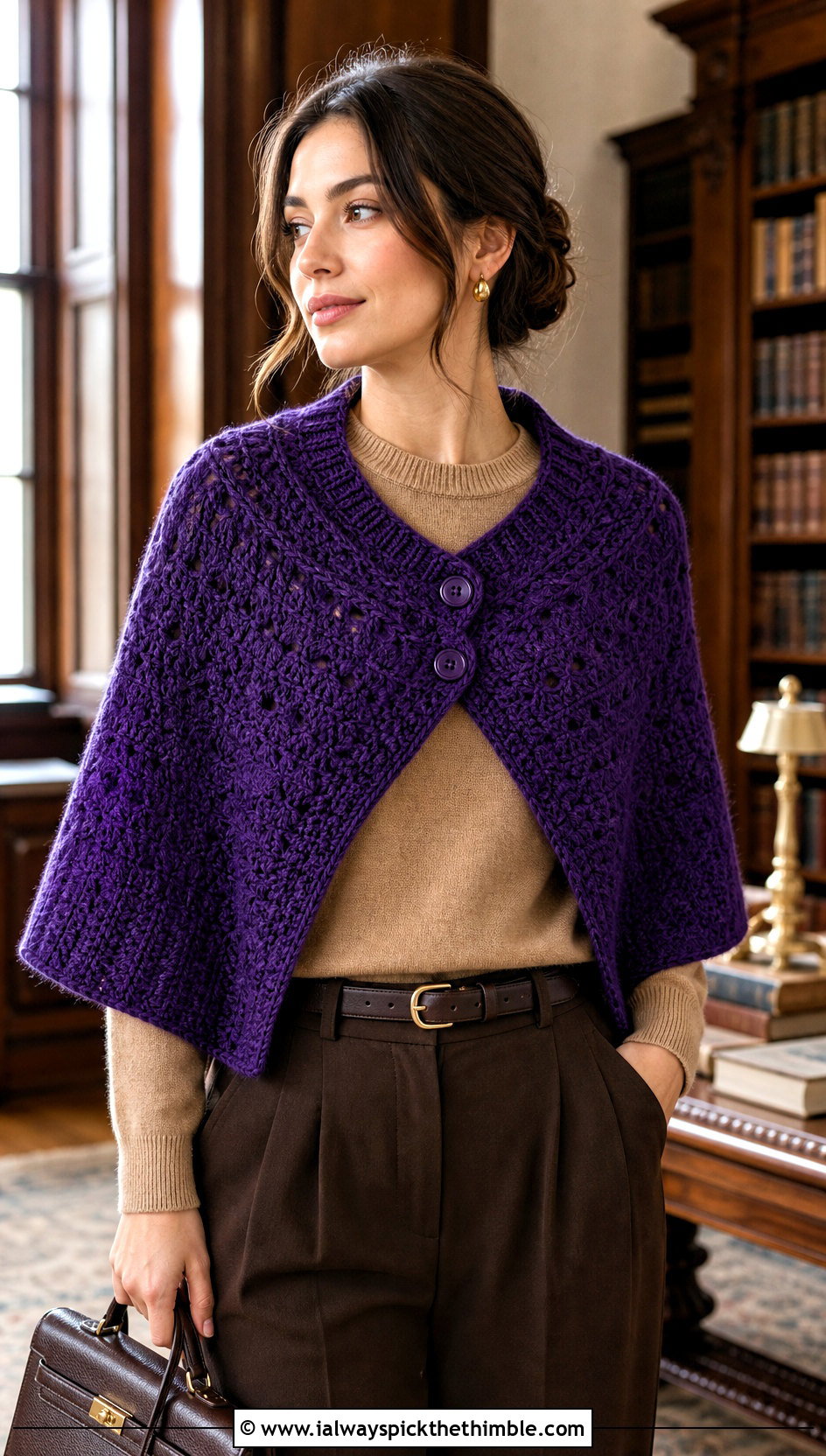Buttoned Crochet Shawl With Pleated Trousers - 20 Simple Crochet Shawl outfit ideas