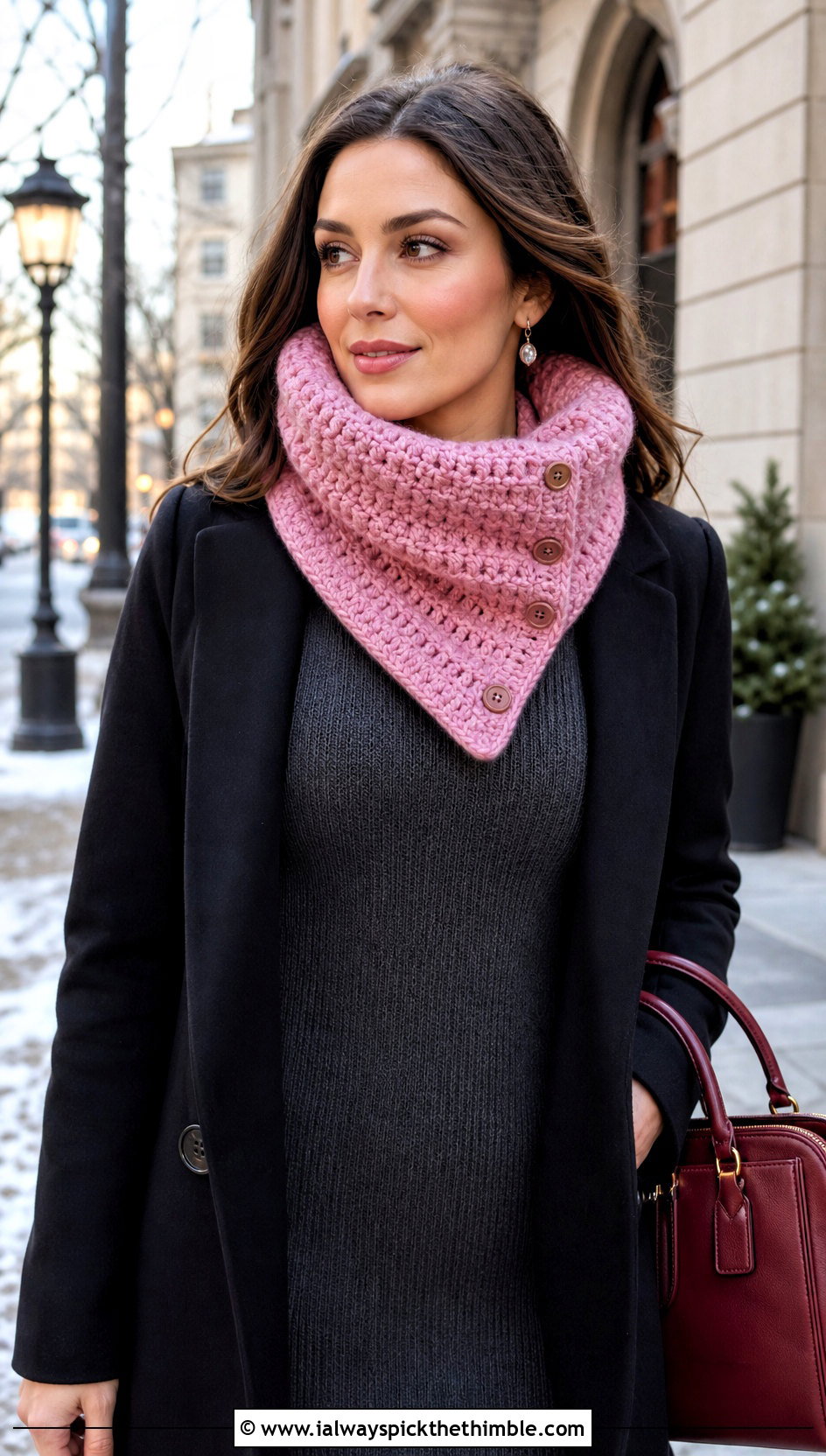 Buttoned Crochet Snood Scarf With Sweater Dress - 20 snood crochet scarf outfit ideas