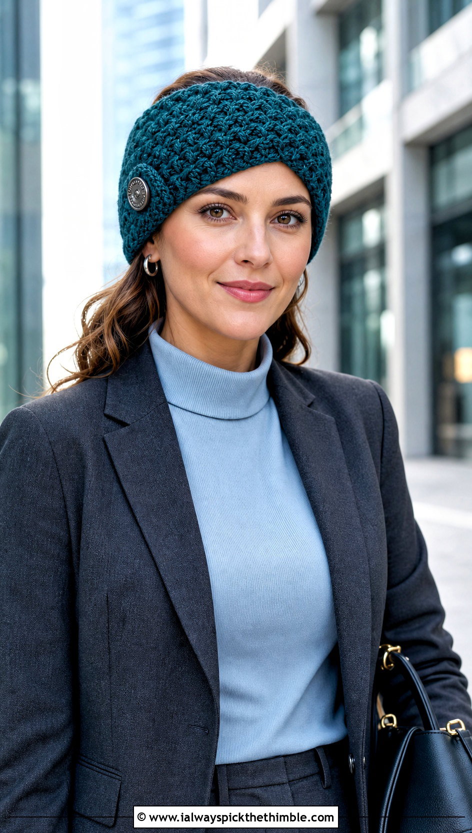 Buttoned Crochet Star Stitch Ear Warmer With Blazer And Trousers - 15 Crochet Star Stitch Ear Warmer outfit ideas