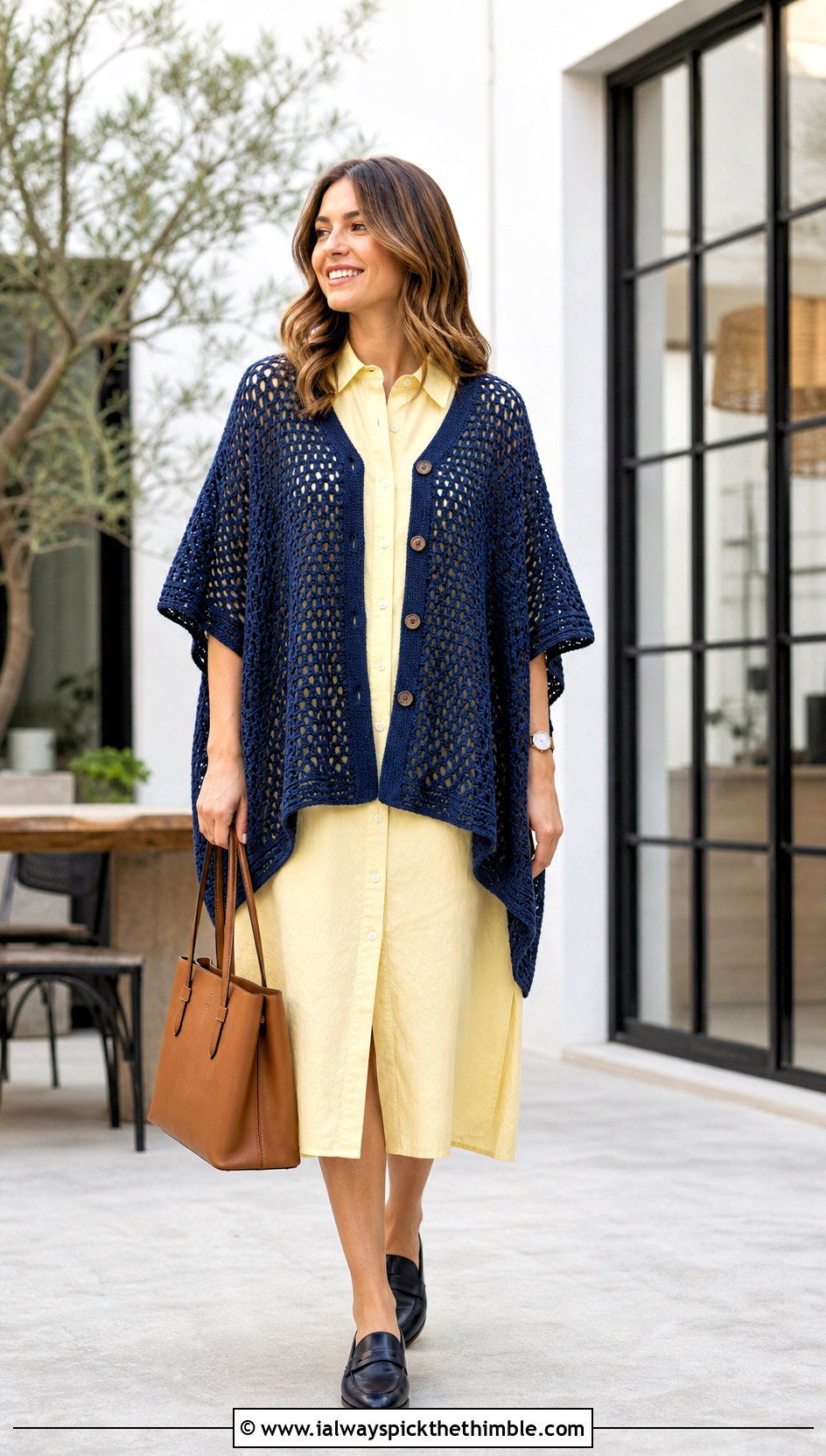 Buttoned Crochet Summer Poncho With Shirt Dress - 25 crochet summer poncho outfit ideas