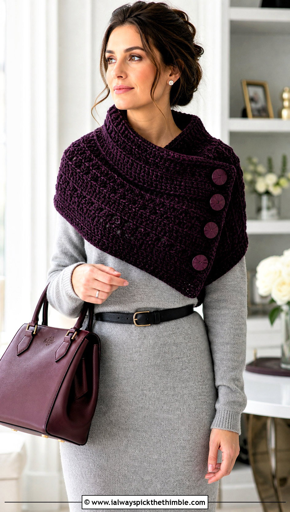 Buttoned Crochet Velvet Cowl With Sweater Dress - 20 Crochet Velvet Scarf outfit ideas