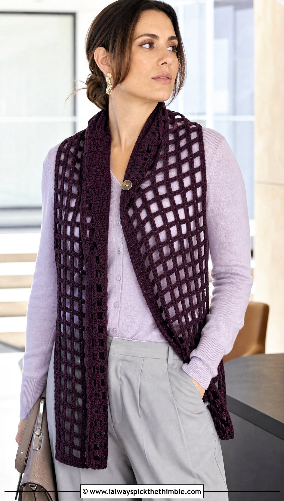 Buttoned Crochet Windowpane Scarf With Cardigan And Pleated Pants - 15 crochet windowpane scarf outfit ideas