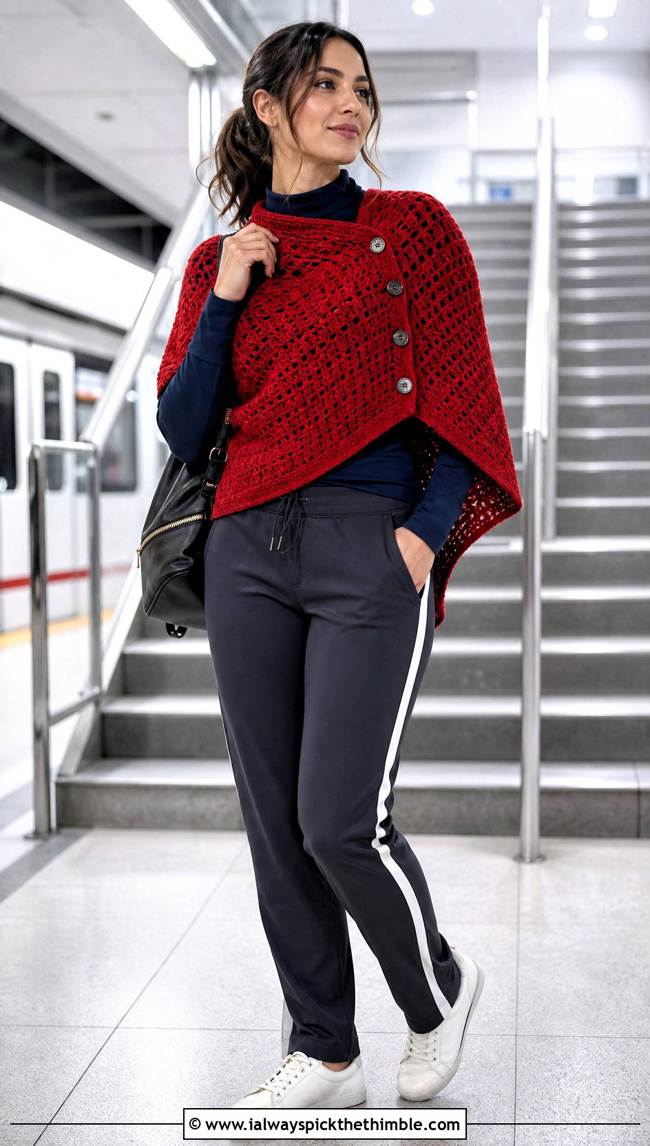 Buttoned Crochet Winter Shawl With Track Pants - 15 Crochet Winter Shawl outfit ideas