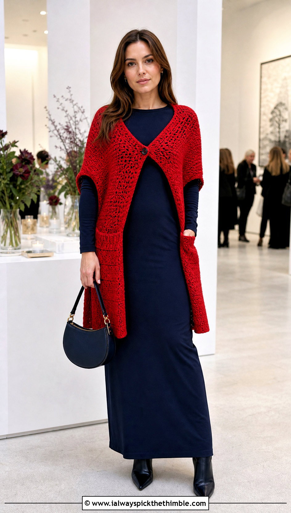 Buttoned Crochet Wrap With Column Maxi Dress - 25 crochet wrap with pockets outfit ideas