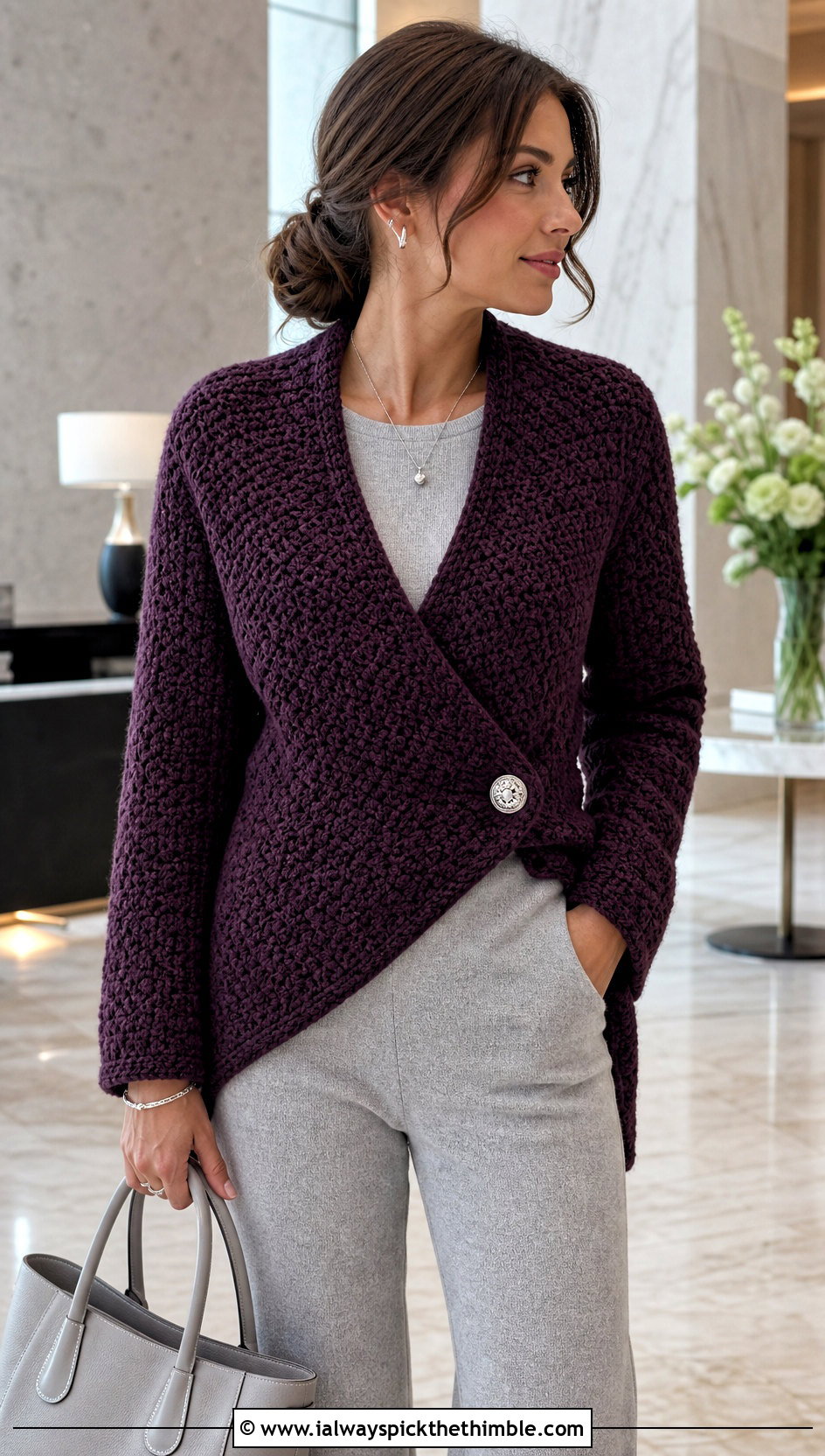 Buttoned Crochet Wrap With Monochrome Knitwear - 20 crochet shawl wrap outfit ideas