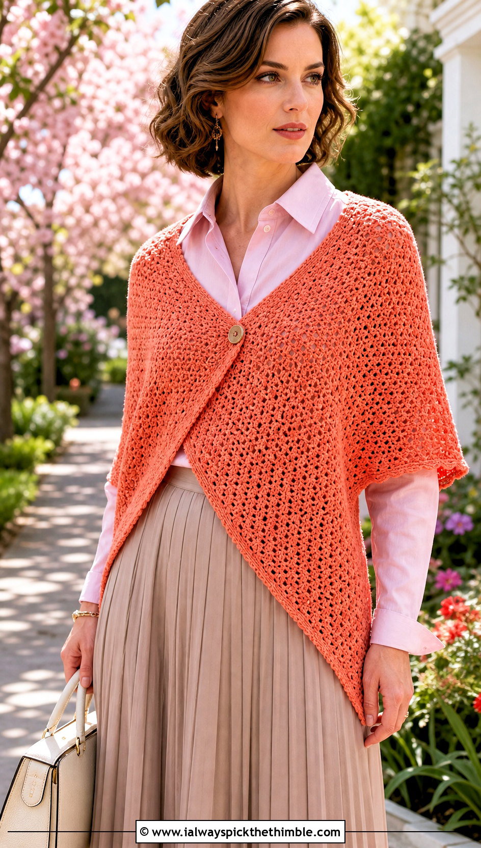 Buttoned Crochet Wrap With Pleated Skirt - 15 Crochet Wraps outfit ideas