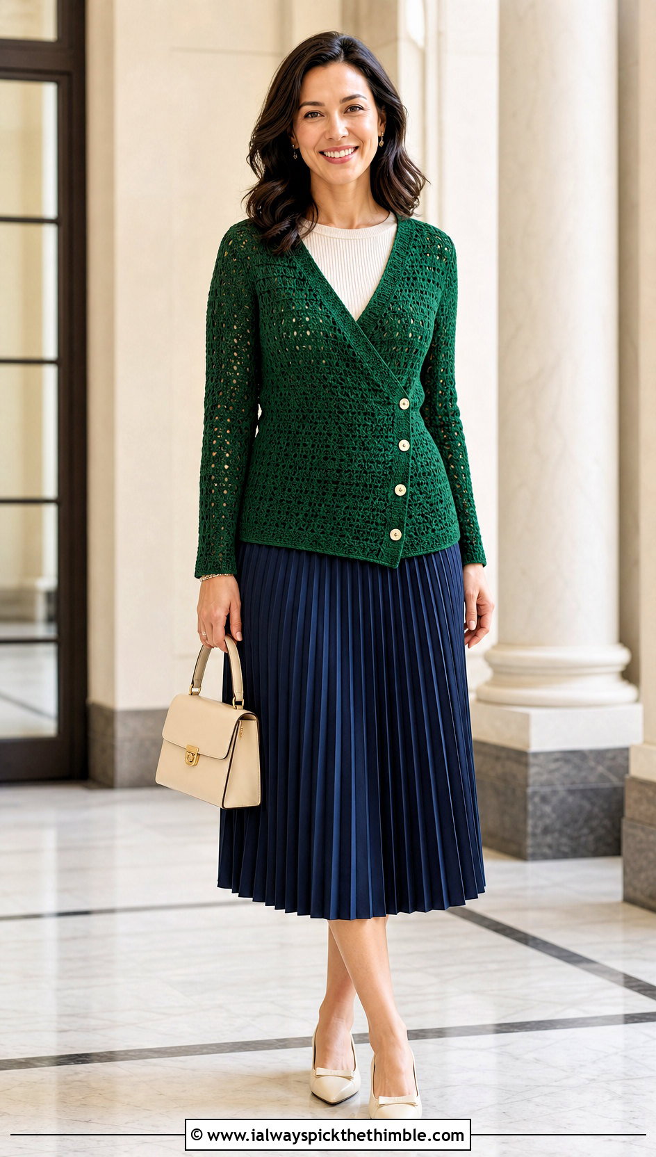 Buttoned Crochet Wrap With Pleated Skirt - 15 Beginner Crochet Wrap outfit ideas