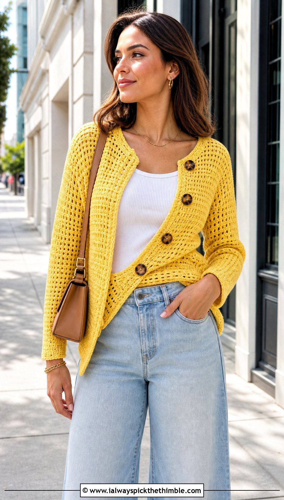 Buttoned Crochet Wrap With Wide Leg Jeans - 20 crochet shawl wraps outfit ideas