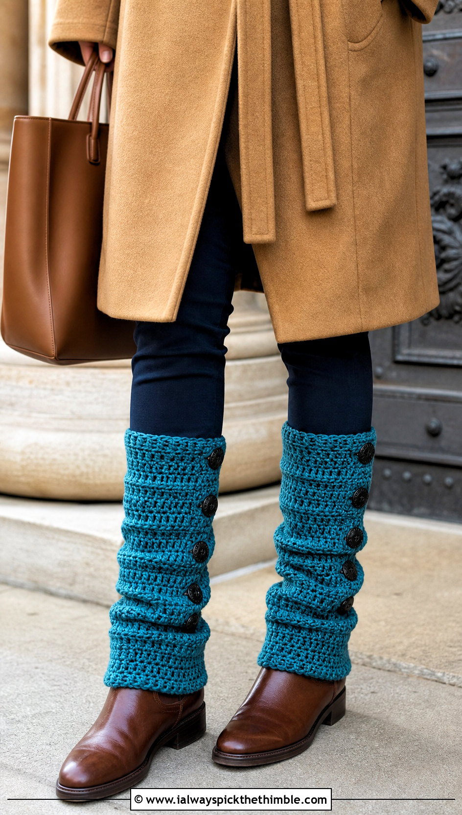 Buttoned Crocheted Leg Warmers With A Belted Coat - 25 Crocheted Leg Warmers outfit ideas