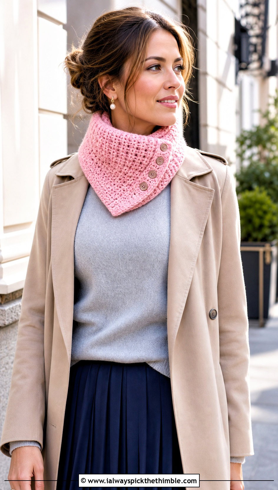 Buttoned Crossover Crochet Turtleneck Cowl With Trench Coat - 20 Crochet Turtleneck Cowl outfit ideas