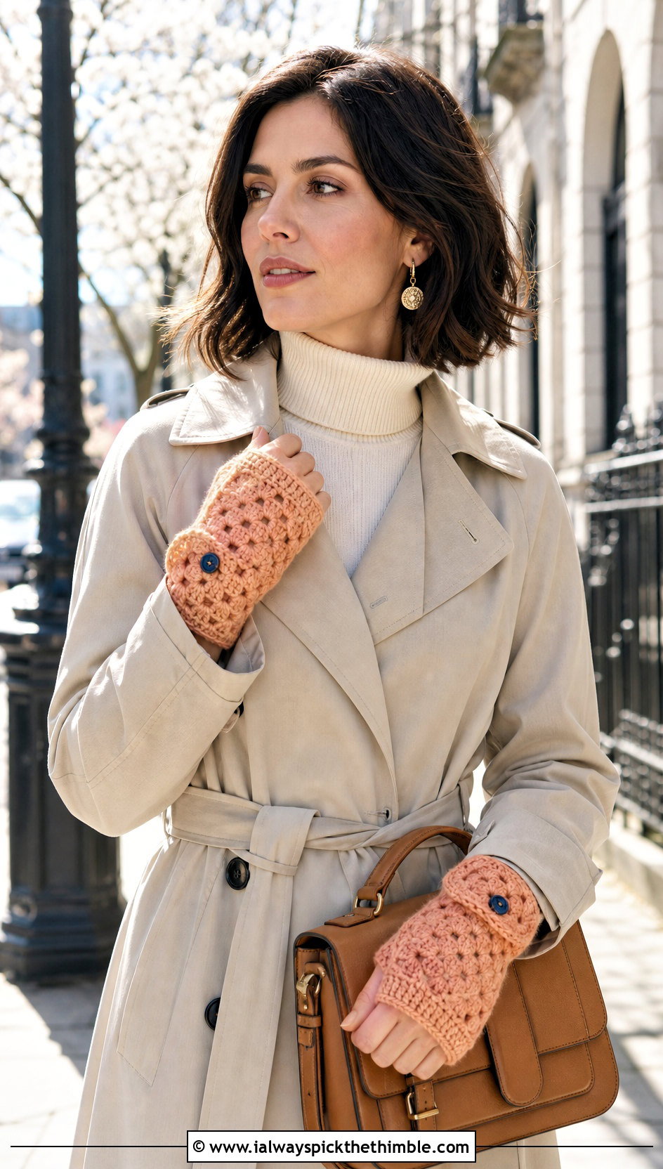 Buttoned Cuff Granny Square Gloves With Trench Coat - 20 Fingerless Granny Square Gloves outfit ideas